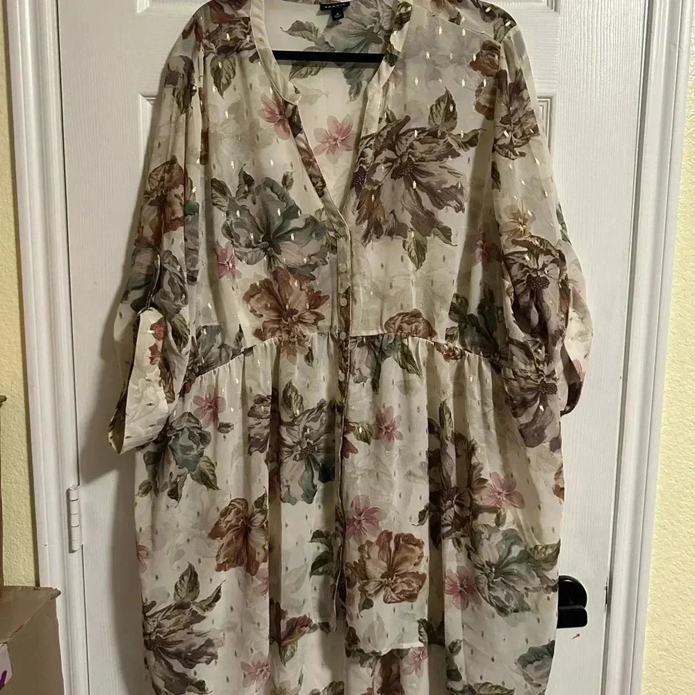 Torrid Sheer Floral Chiffon High Low Tunic Shirt Dress Plus Sz 4 Ivory Gold - Picture 2 of 5